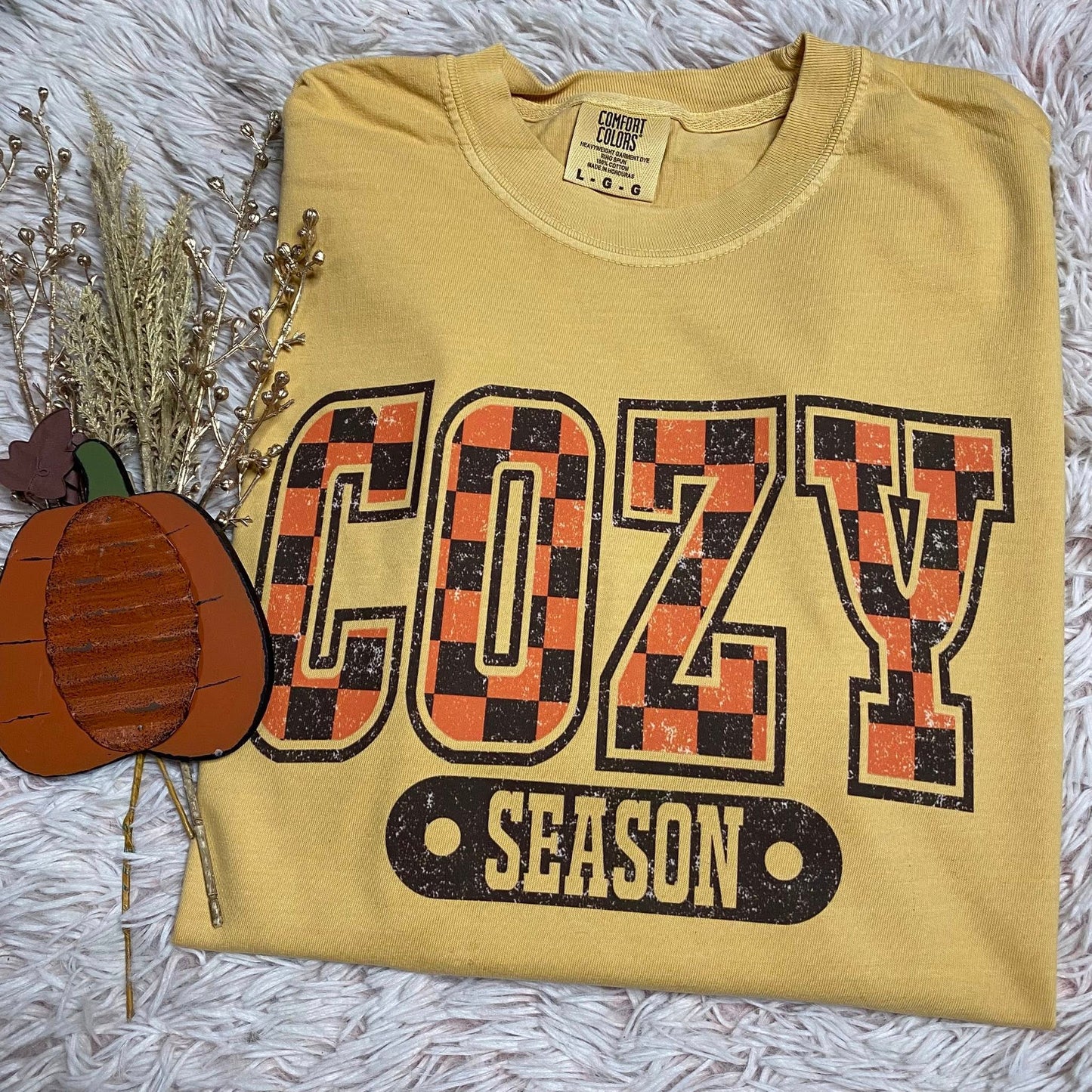 Orange and Brown Checkered Cozy Season graphic tee