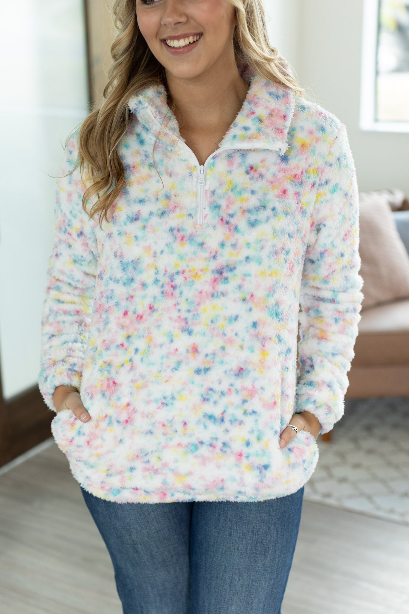 IN STOCK QuarterZip Sherpa Pullover - Bright Confetti FINAL SALE