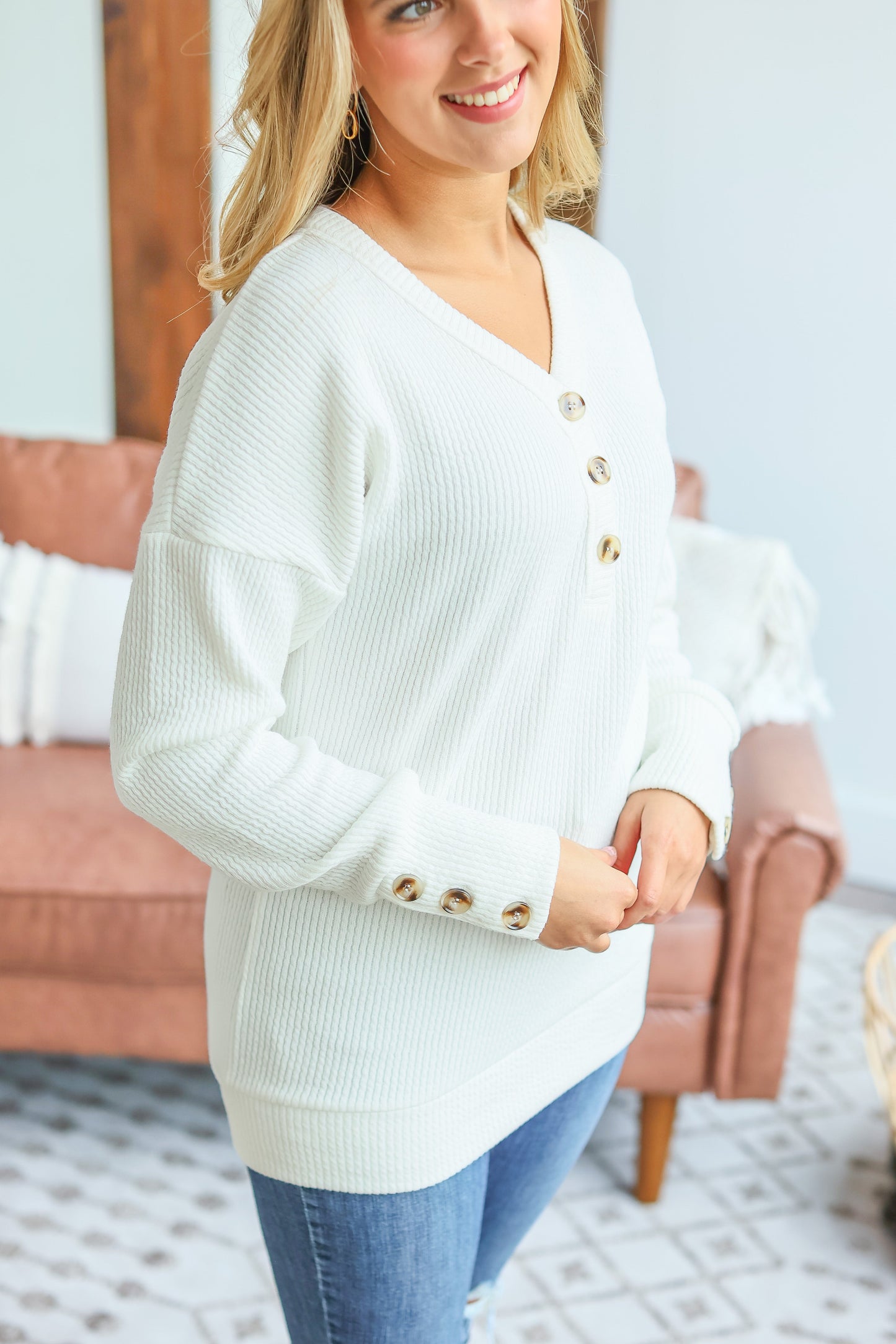 IN STOCK Brittney Button Sweater - White FINAL SALE