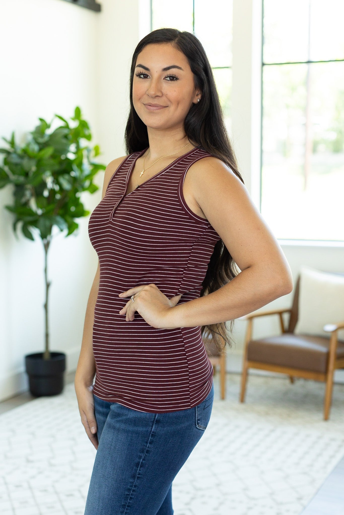 IN STOCK Addison Henley Tank - Burgundy w/ White Stripes FINAL SALE