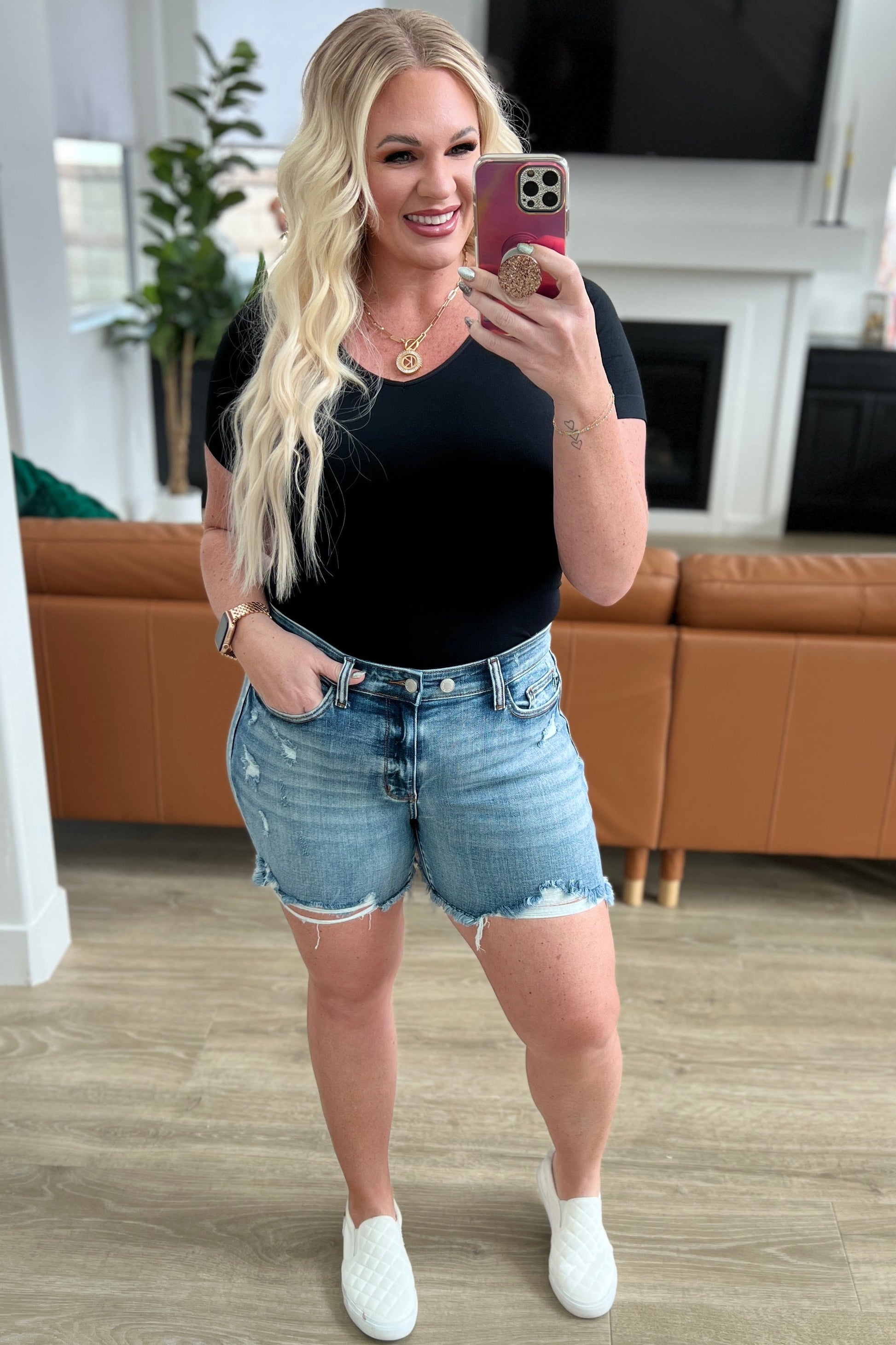 Callie High Rise Adjustable Button Cutoff Shorts - FamFancy Boutique