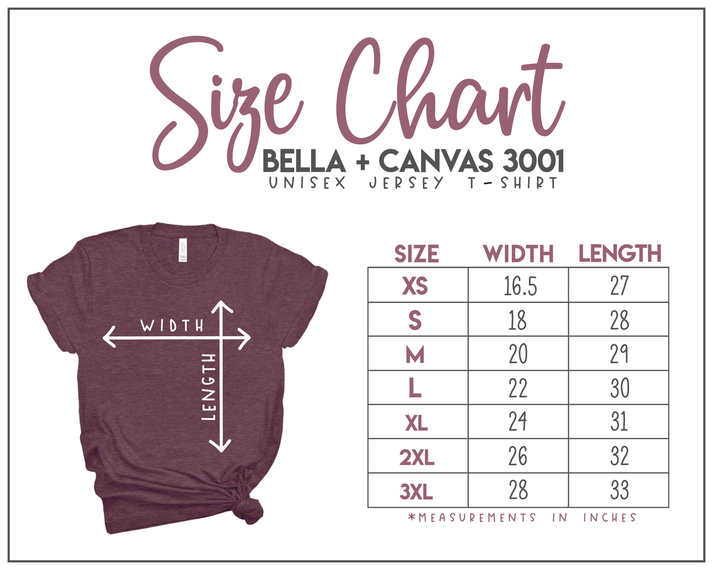 bella canvas size chart 3001