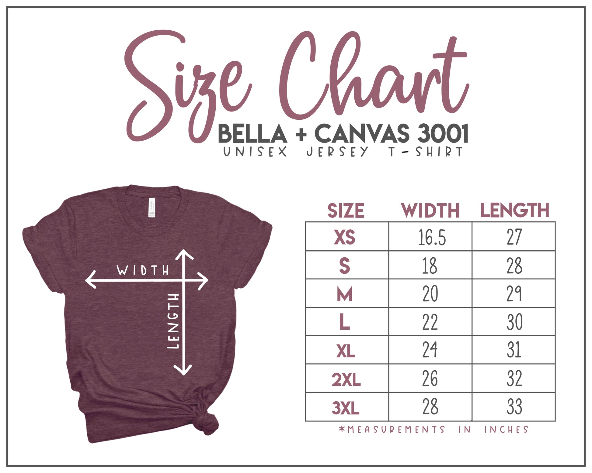bella canvas size chart 3001