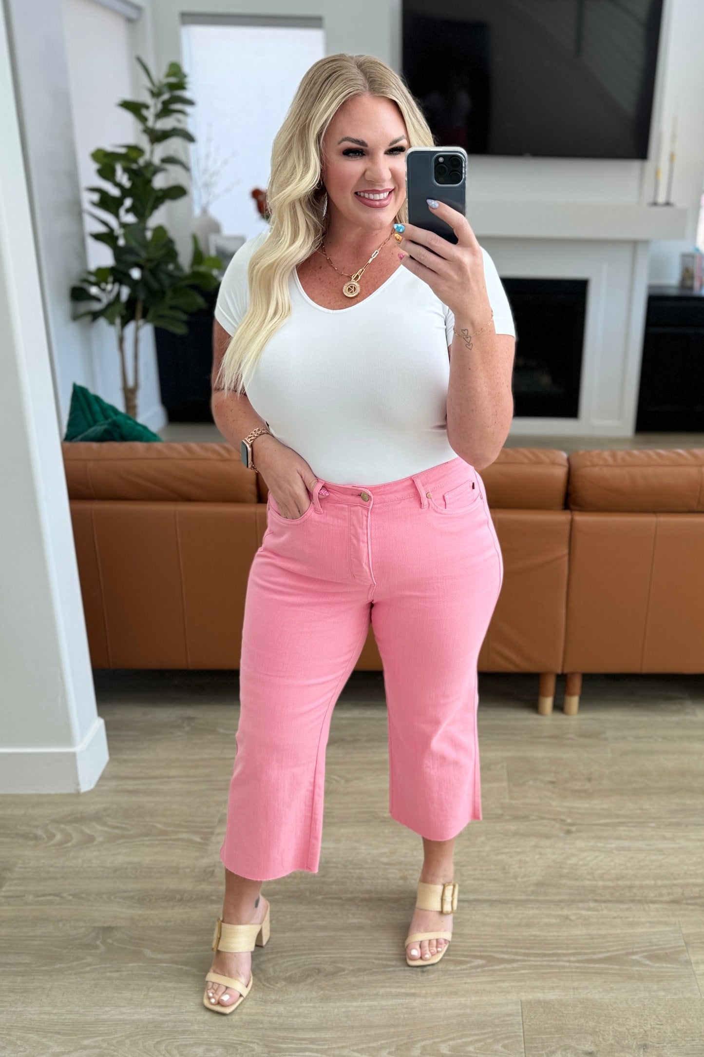 Lisa High Rise Control Top Wide Leg Crop Jeans in Pink - FamFancy Boutique