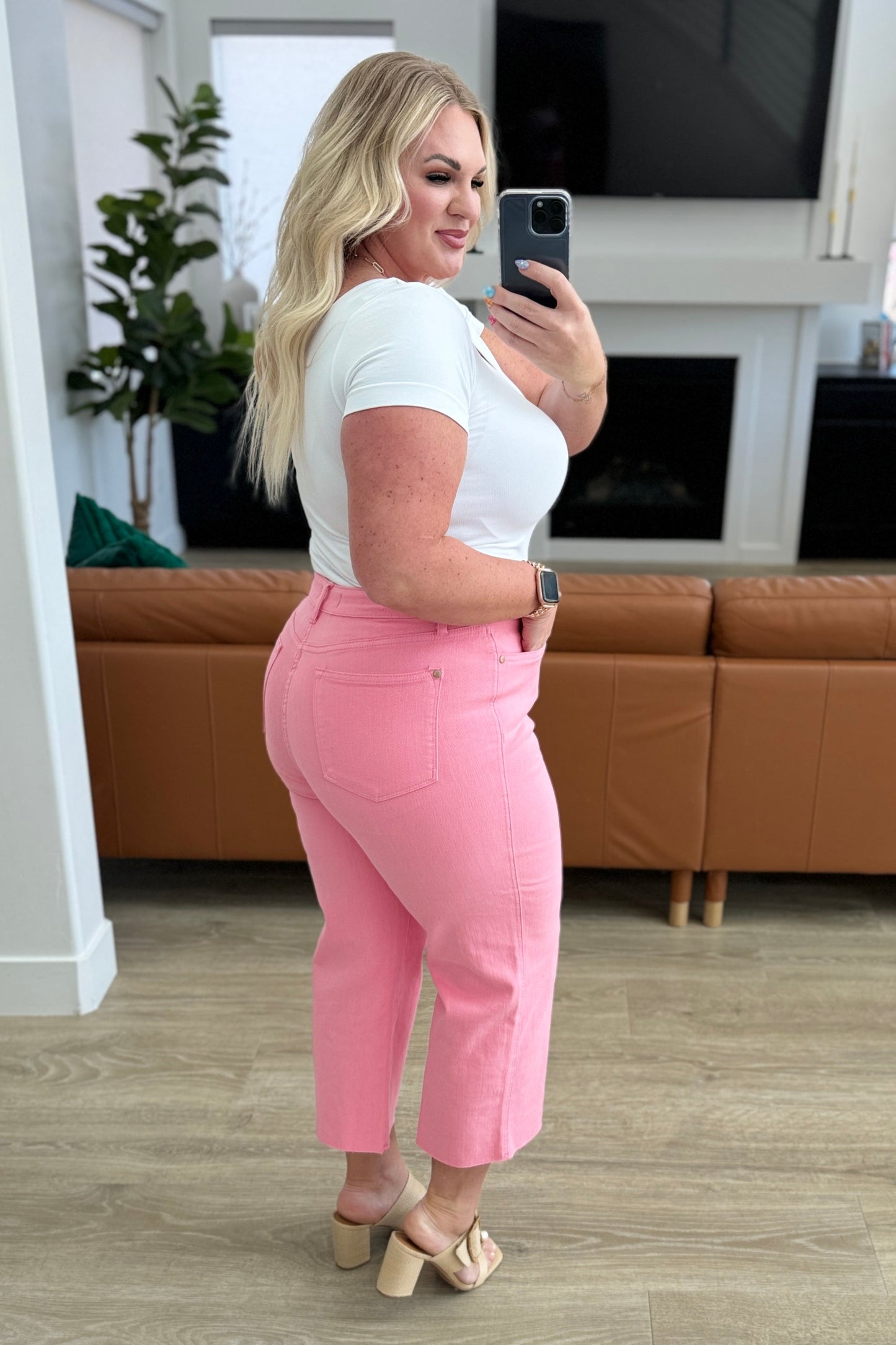 Lisa High Rise Control Top Wide Leg Crop Jeans in Pink - FamFancy Boutique