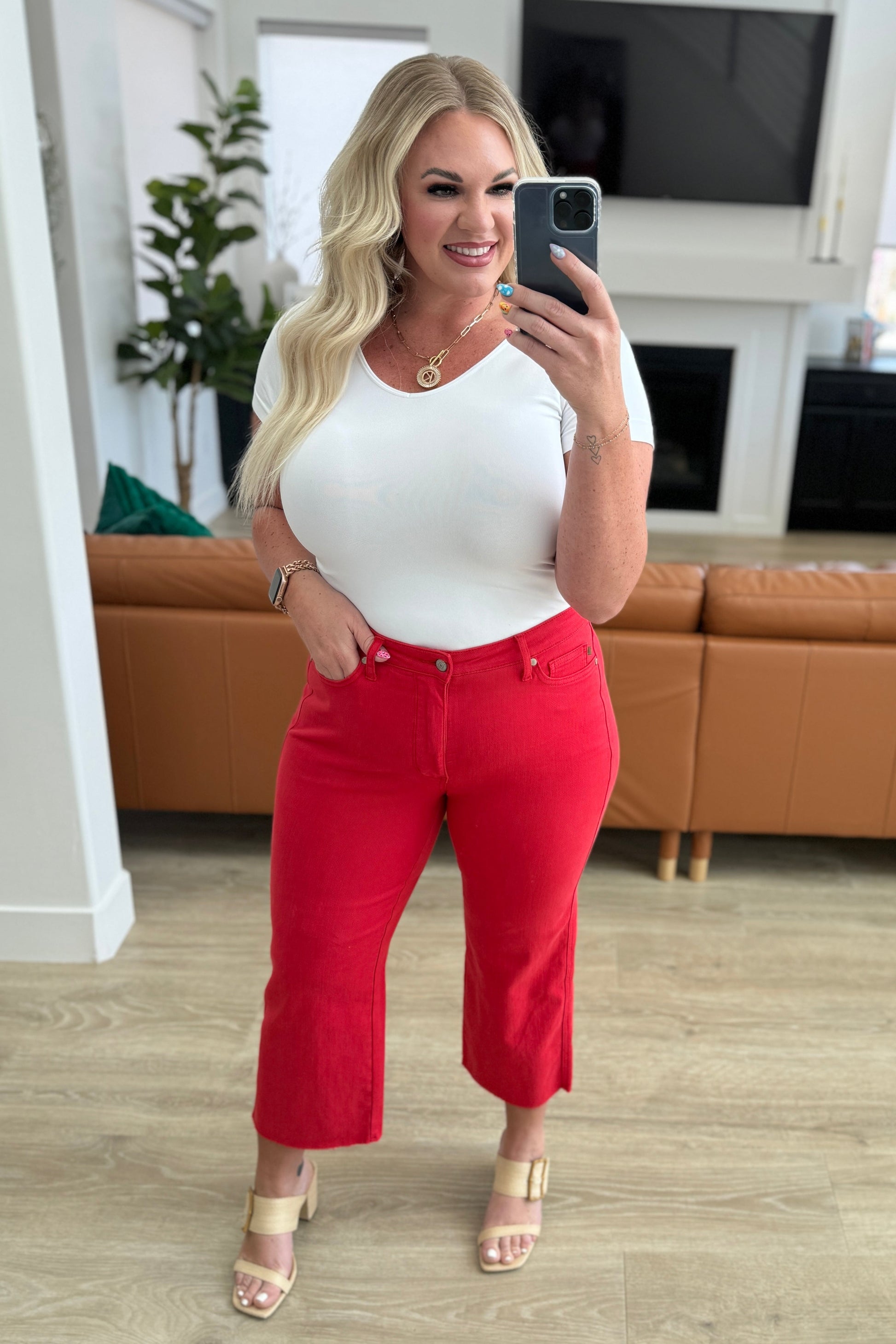 Lisa High Rise Control Top Wide Leg Crop Jeans in Red - FamFancy Boutique
