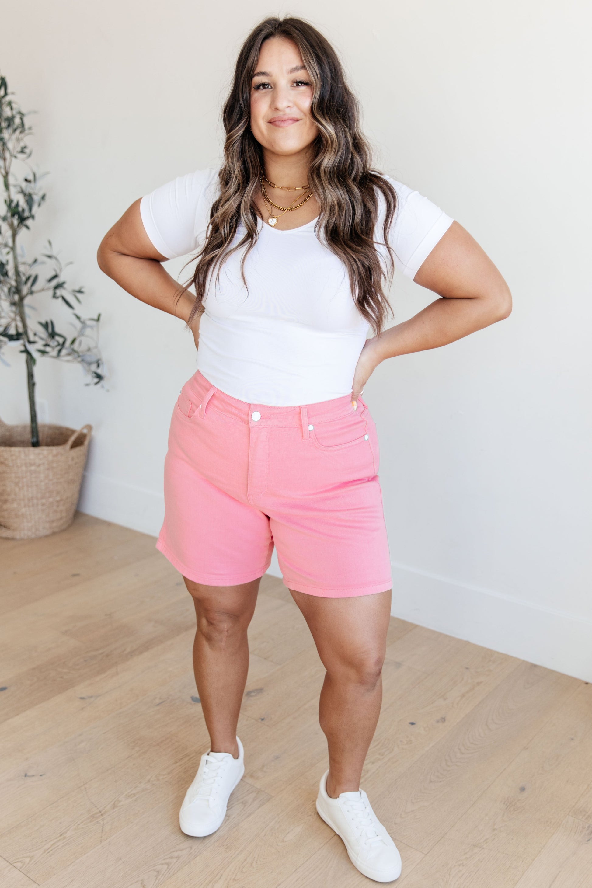 Jenna High Rise Control Top Cuffed Shorts in Pink - FamFancy Boutique