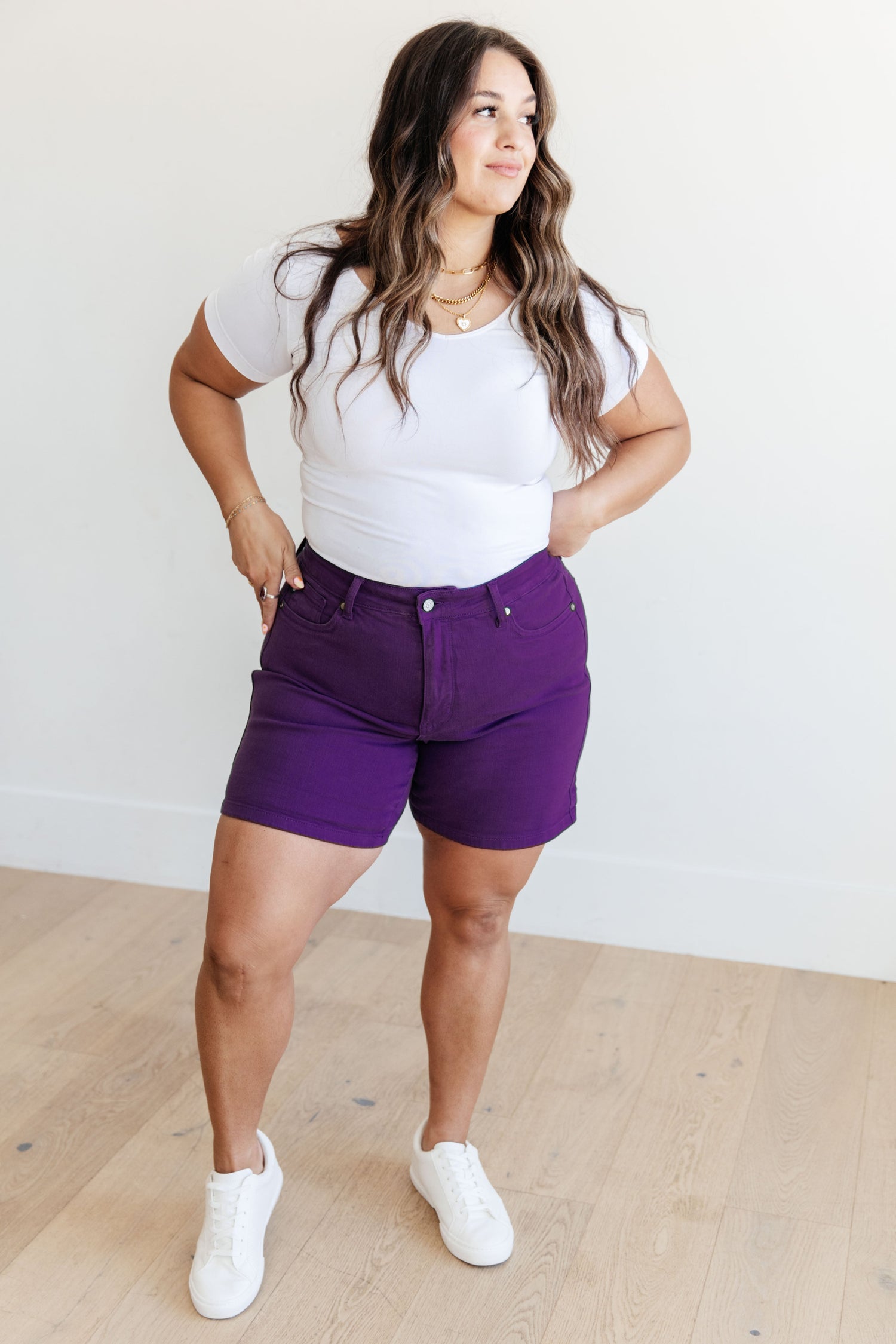 Jenna High Rise Control Top Cuffed Shorts in Purple - FamFancy Boutique