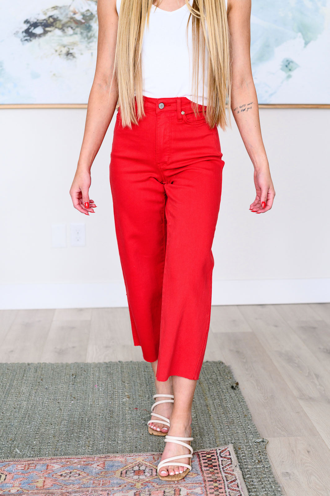 Lisa High Rise Control Top Wide Leg Crop Jeans in Red - FamFancy Boutique