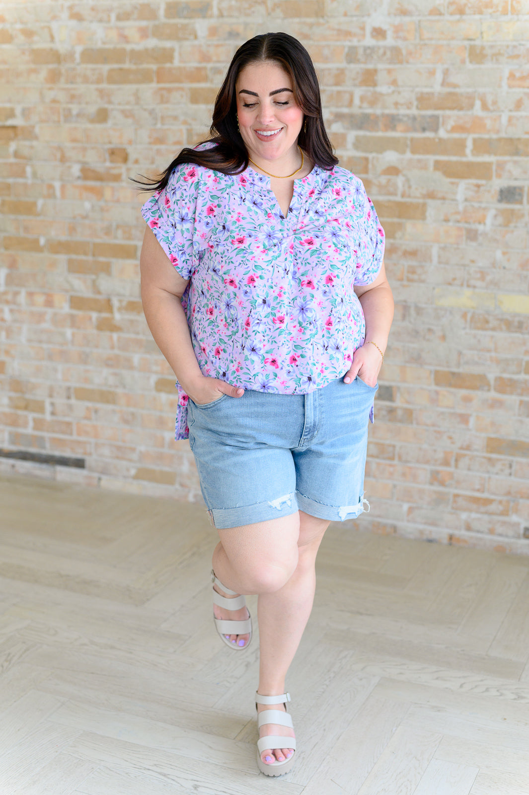 Lizzy Cap Sleeve Top in Muted Lavender and Pink Floral - FamFancy Boutique