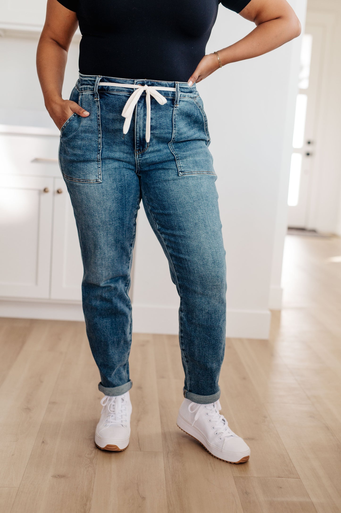 Payton Pull On Denim Joggers in Medium Wash - FamFancy Boutique
