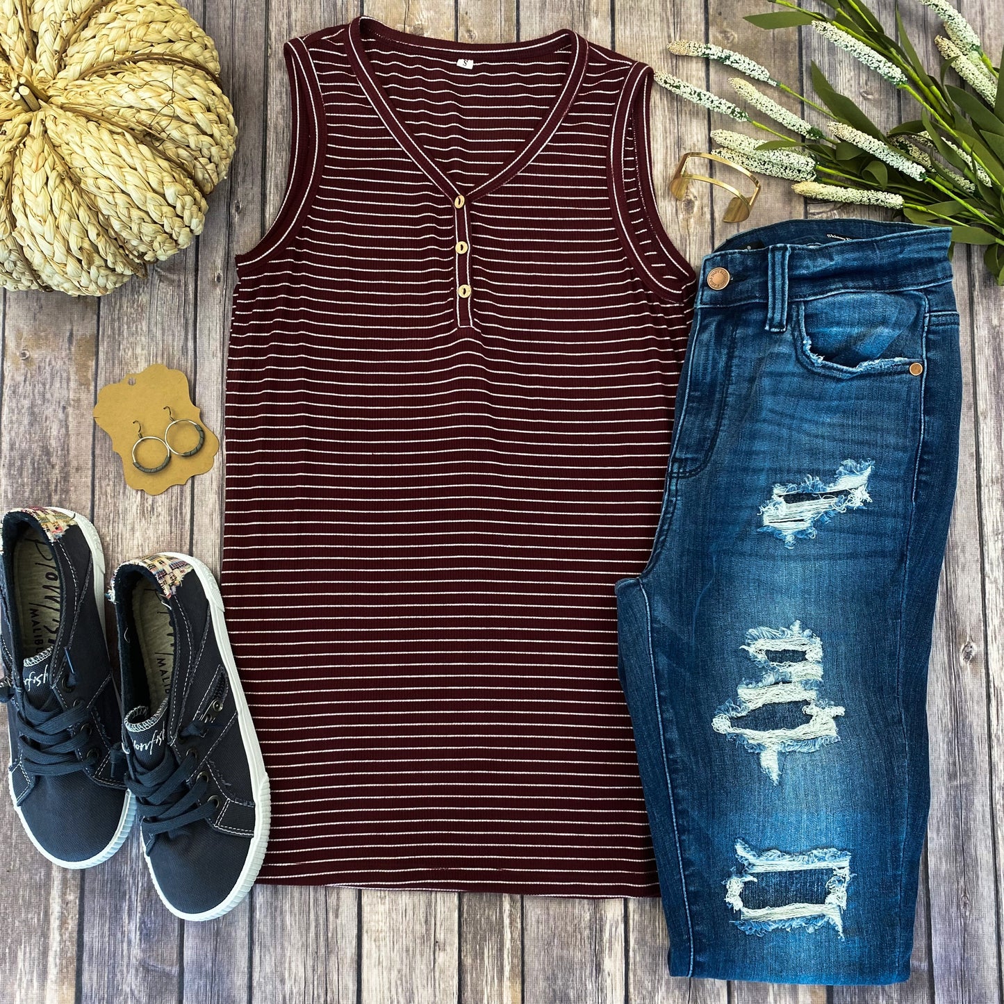 IN STOCK Addison Henley Tank - Burgundy w/ White Stripes FINAL SALE