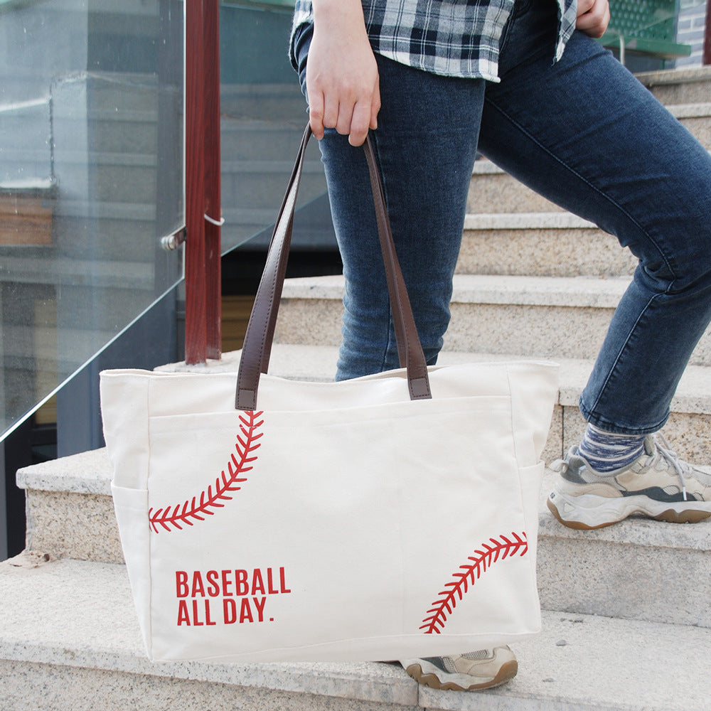 Embroidered Sporty Large-Capacity Canvas Tote Bag