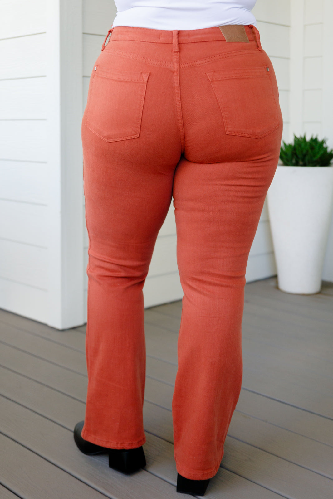 Autumn Mid Rise Slim Bootcut Jeans in Terracotta - FamFancy Boutique