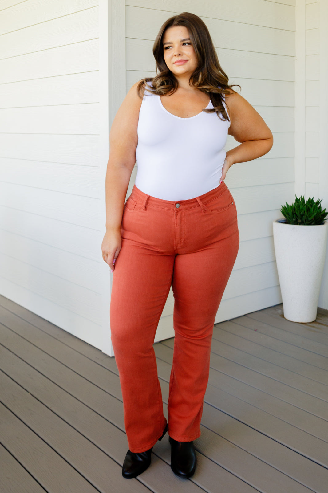 Autumn Mid Rise Slim Bootcut Jeans in Terracotta - FamFancy Boutique