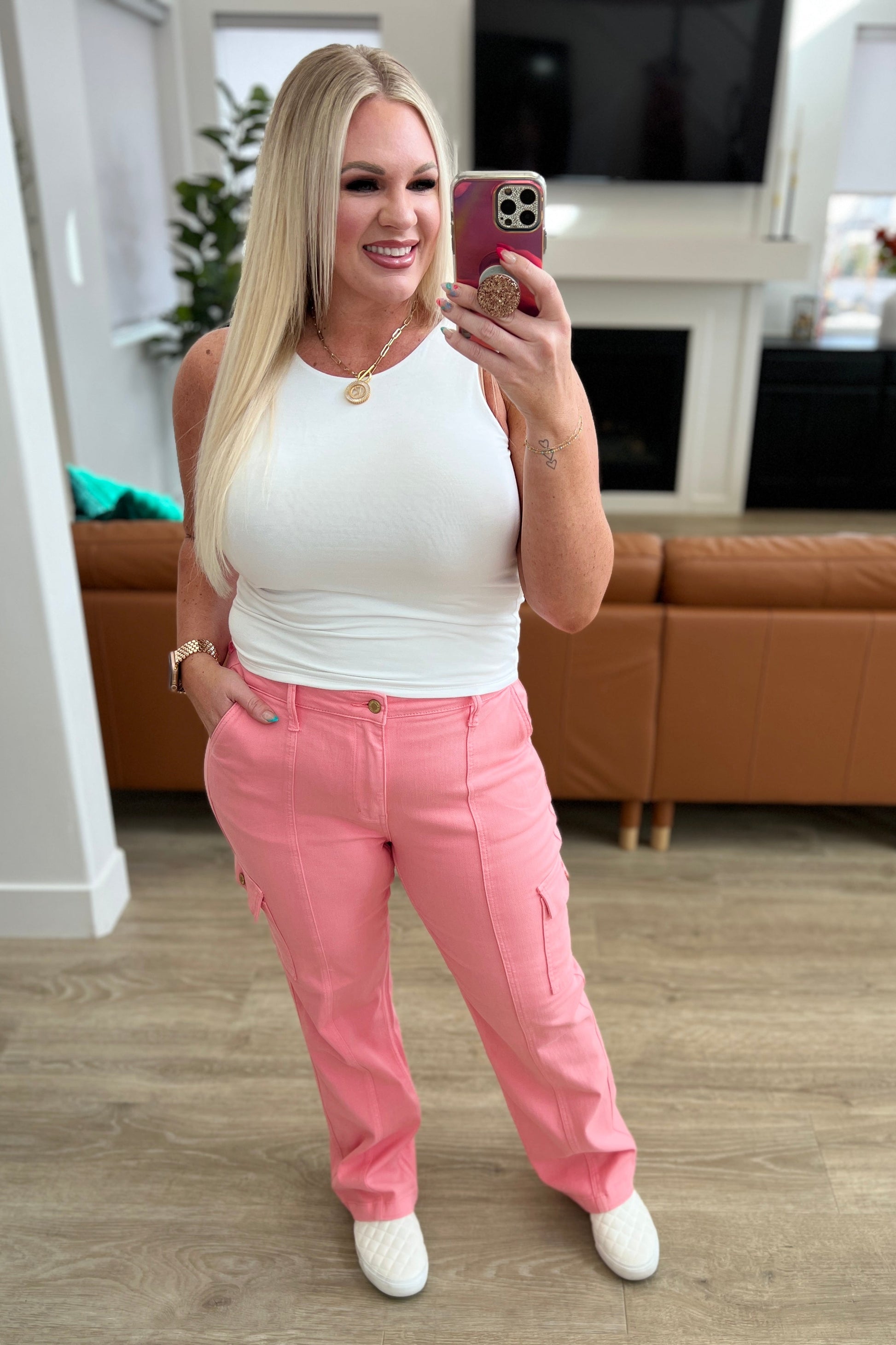 Peggy High Rise Cargo Straight Jeans in Pink - FamFancy Boutique