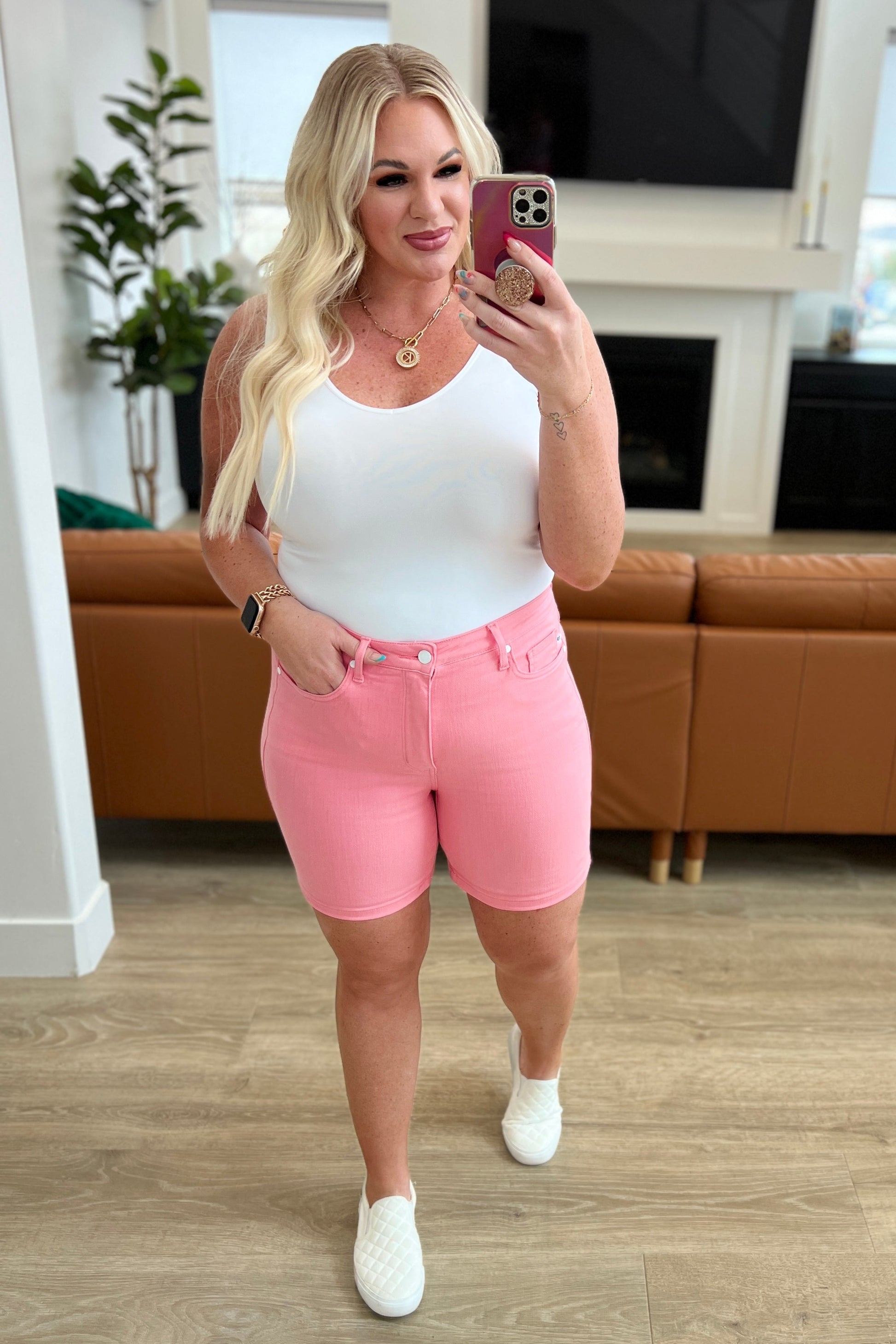Jenna High Rise Control Top Cuffed Shorts in Pink - FamFancy Boutique
