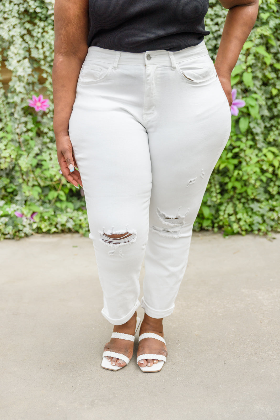 Mid-Rise Boyfriend Destroyed White Jeans - FamFancy Boutique