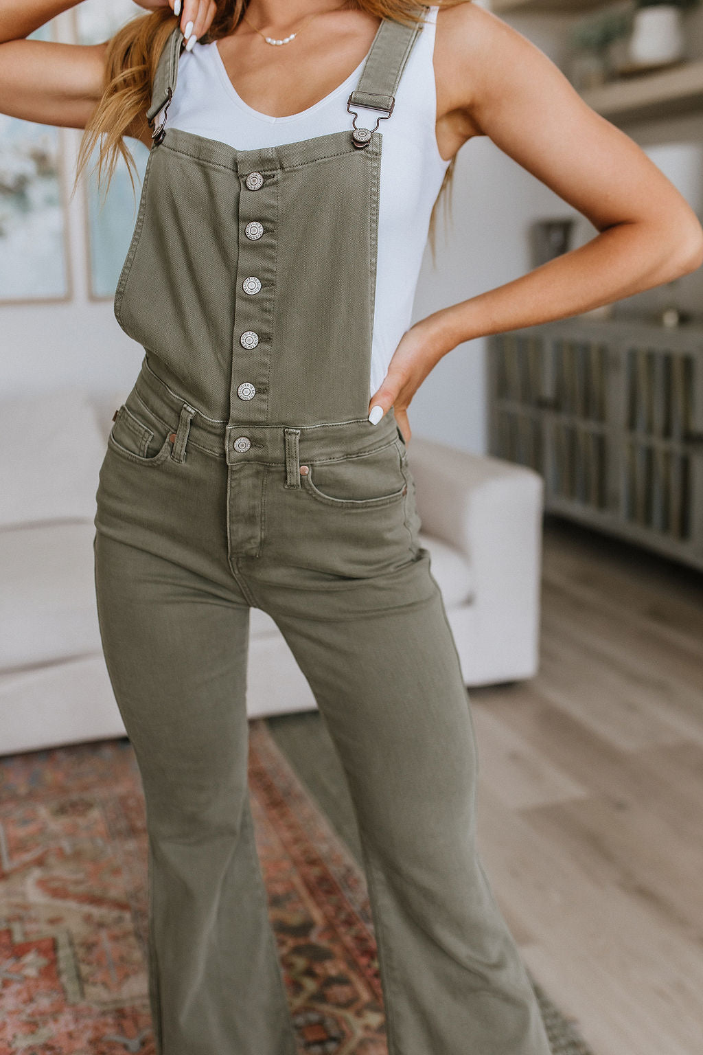 Olivia Control Top Release Hem Overalls in Olive - FamFancy Boutique
