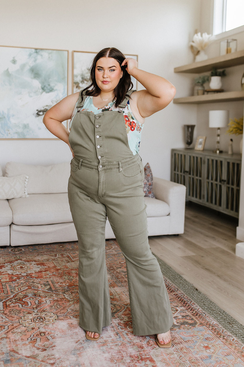 Olivia Control Top Release Hem Overalls in Olive - FamFancy Boutique