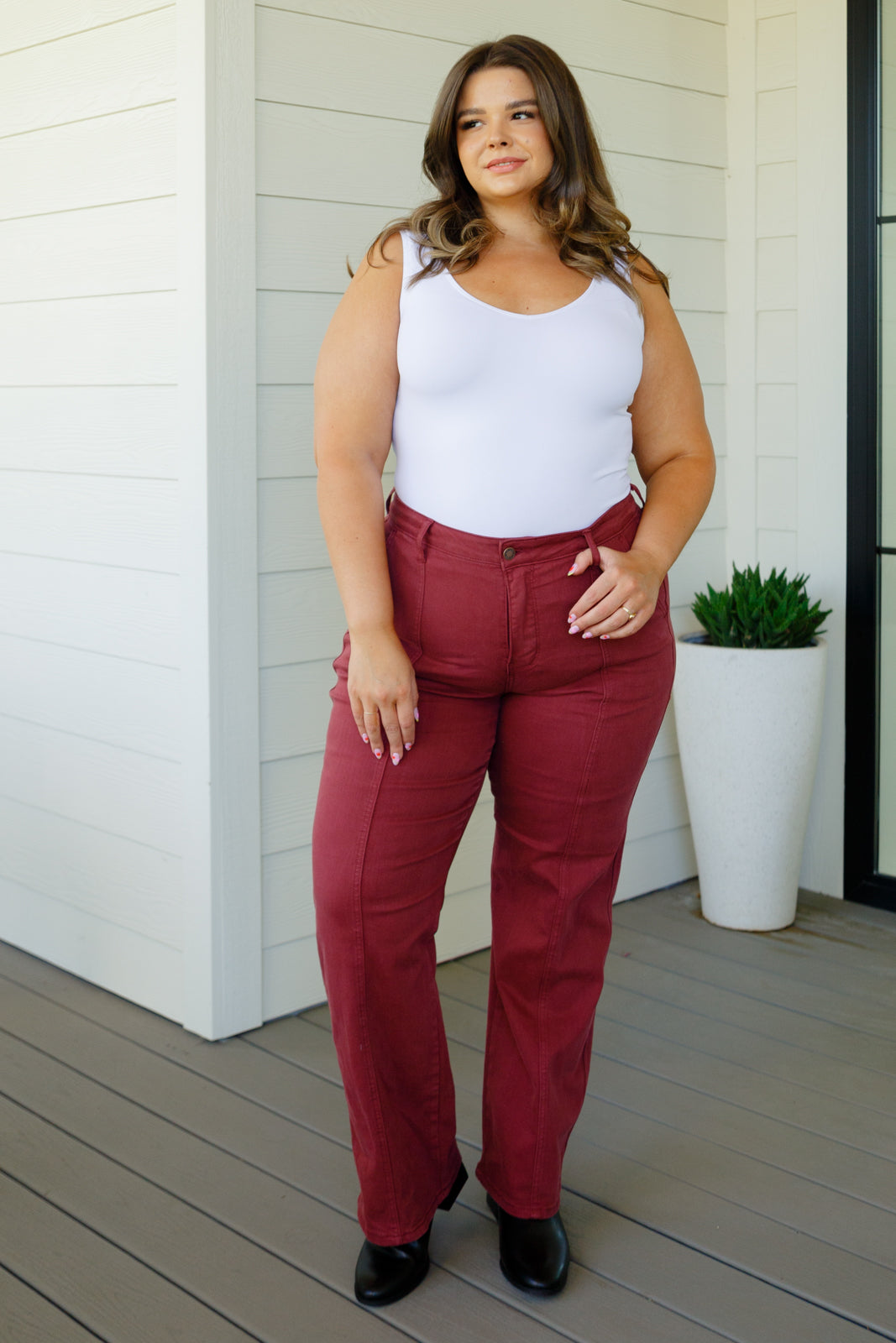 Phoebe High Rise Front Seam Straight Jeans in Burgundy - FamFancy Boutique