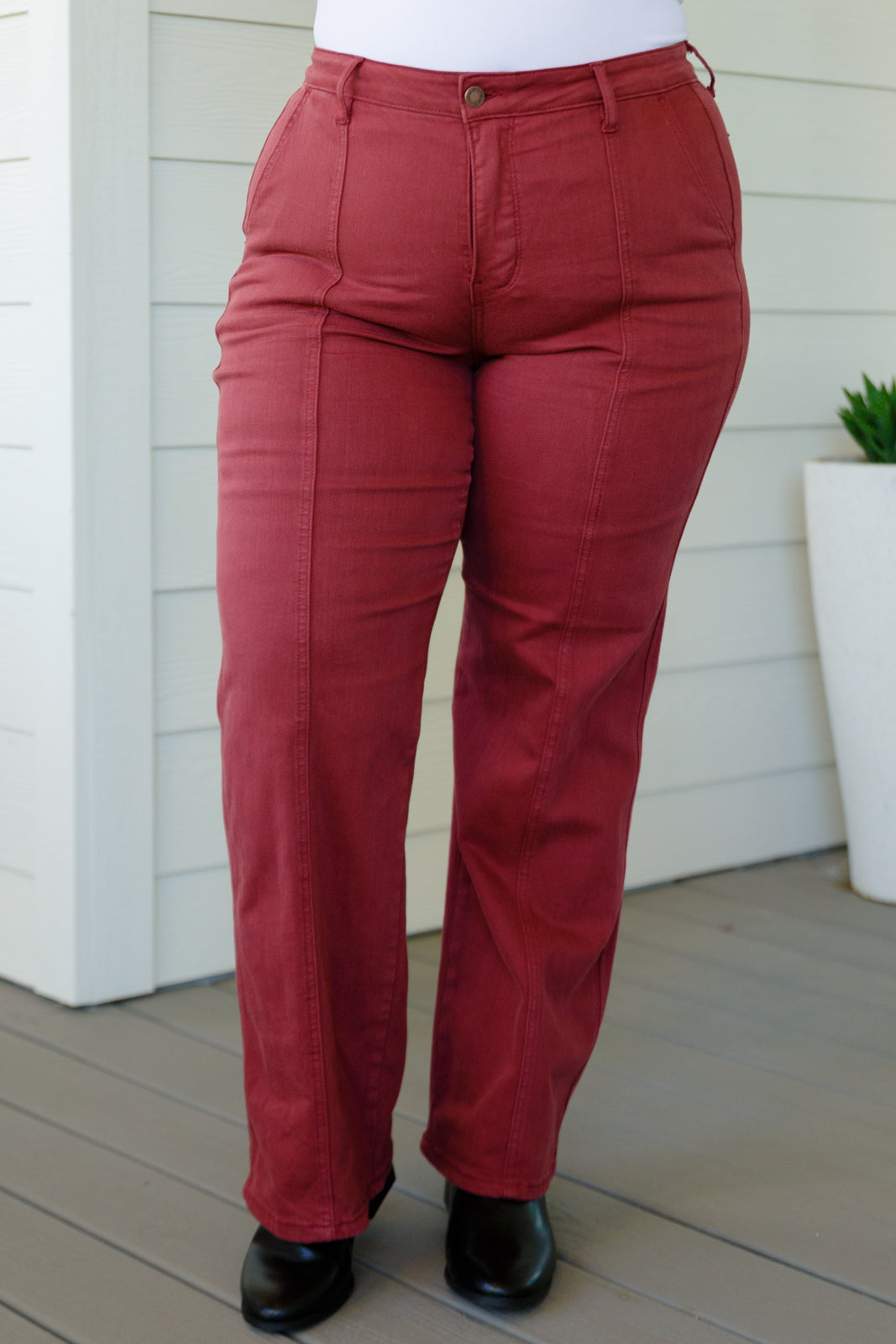 Phoebe High Rise Front Seam Straight Jeans in Burgundy - FamFancy Boutique