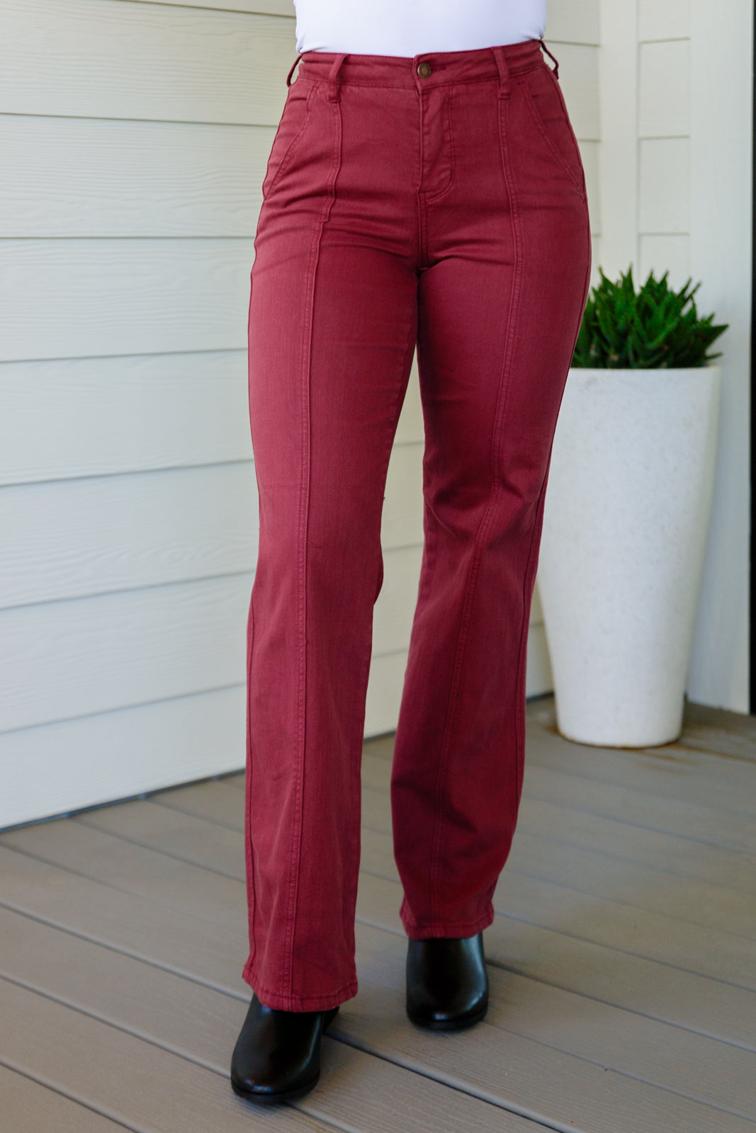 Phoebe High Rise Front Seam Straight Jeans in Burgundy - FamFancy Boutique