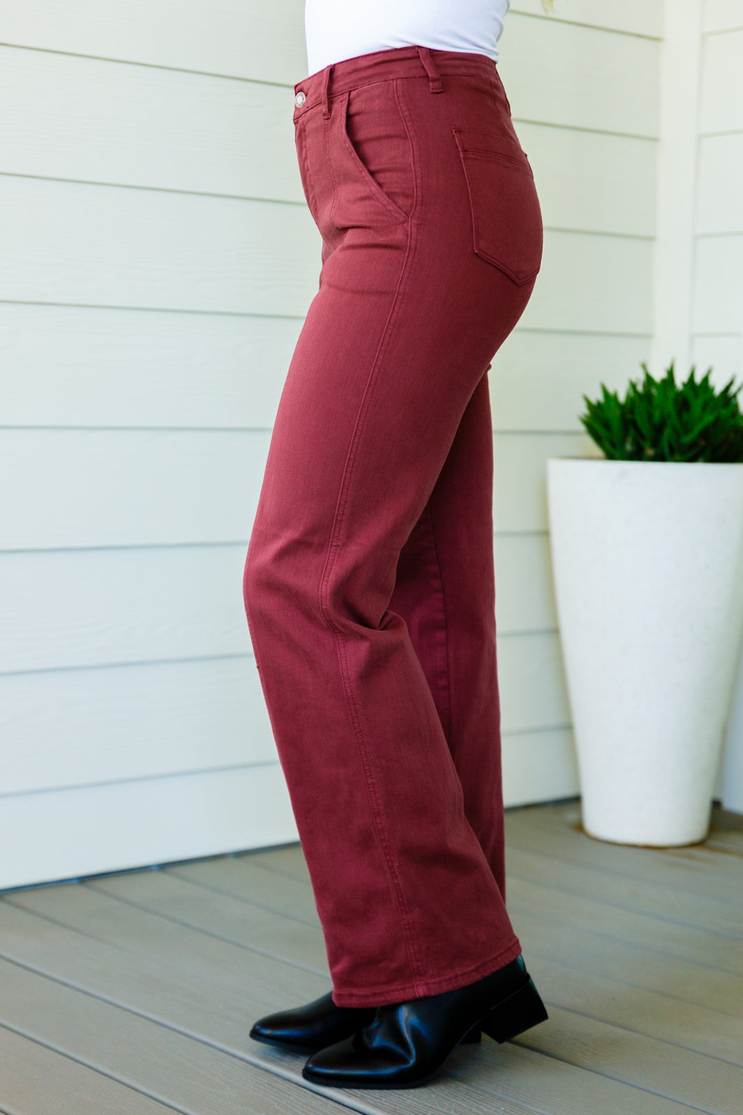 Phoebe High Rise Front Seam Straight Jeans in Burgundy - FamFancy Boutique