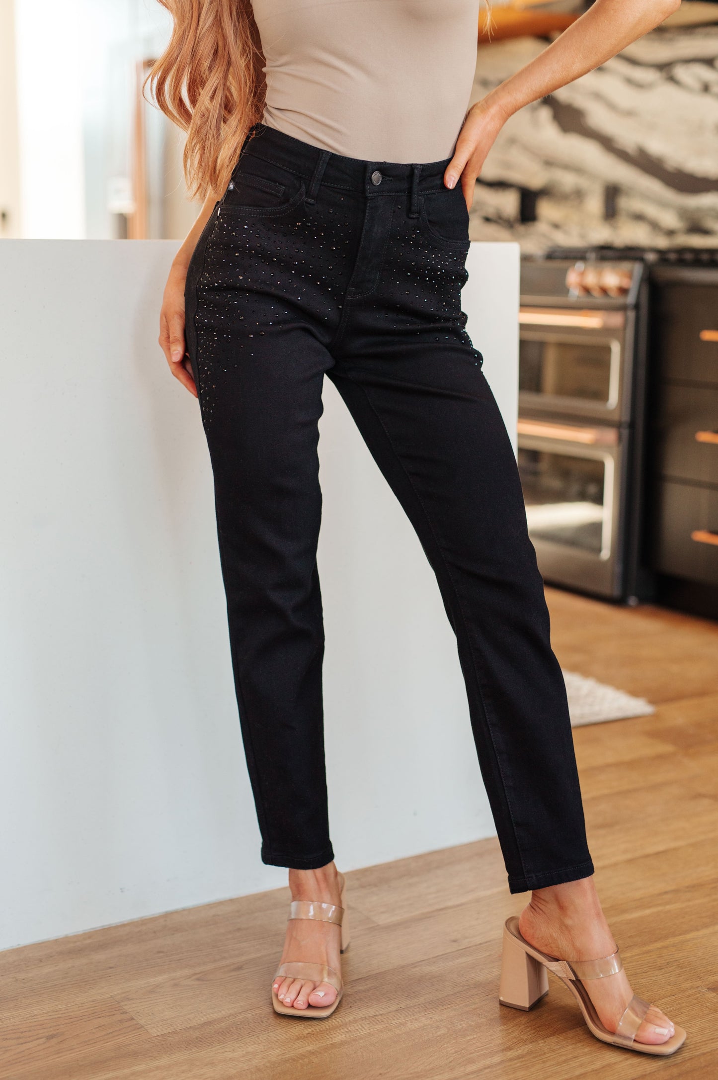 Reese Rhinestone Slim Fit Jeans in Black - FamFancy Boutique