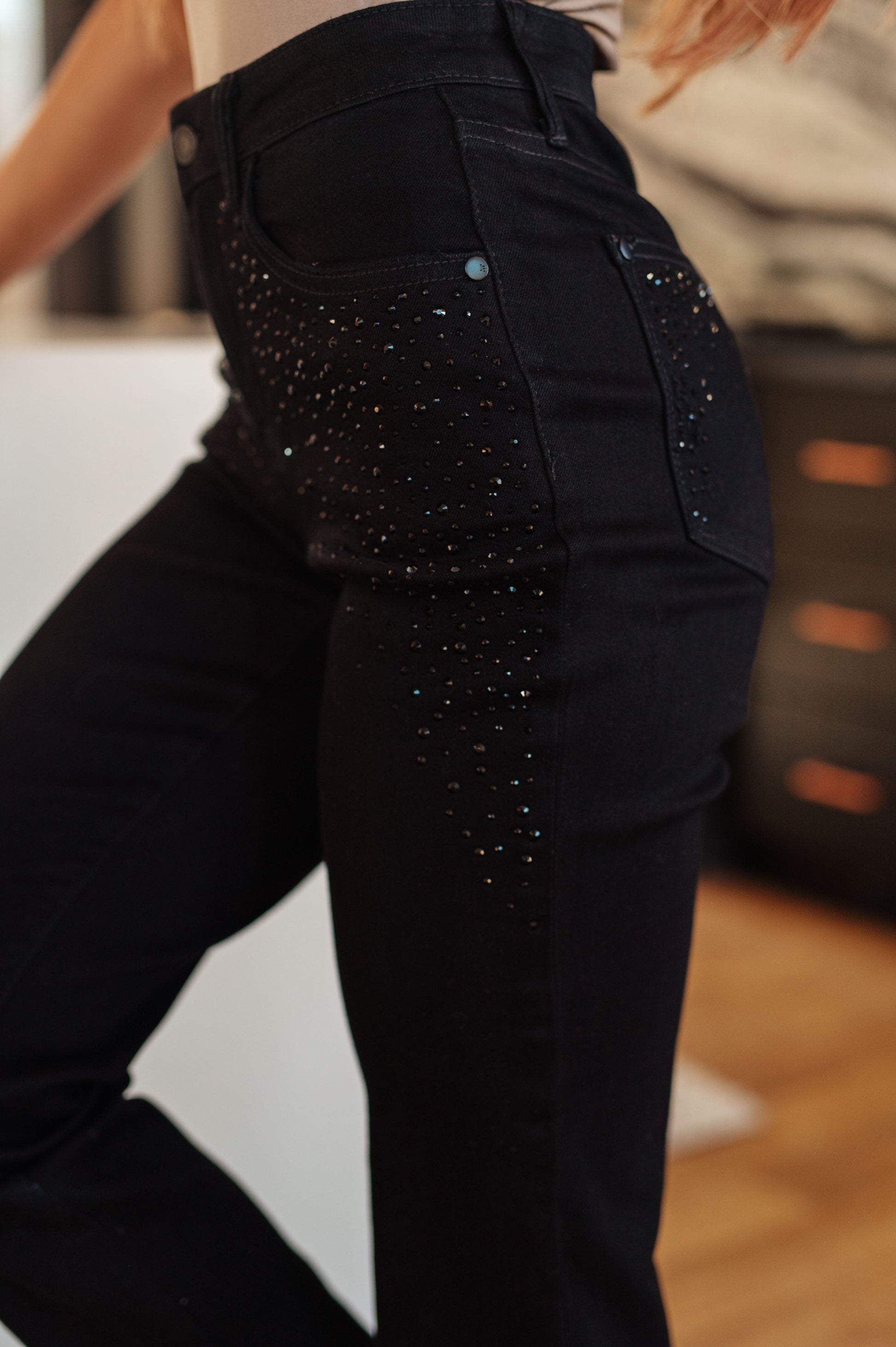 Reese Rhinestone Slim Fit Jeans in Black - FamFancy Boutique