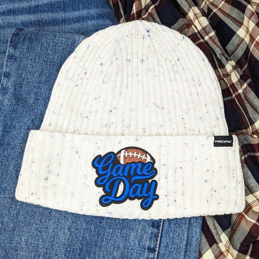 Cream Tweed Beanie With Embroidered Game Day Patch