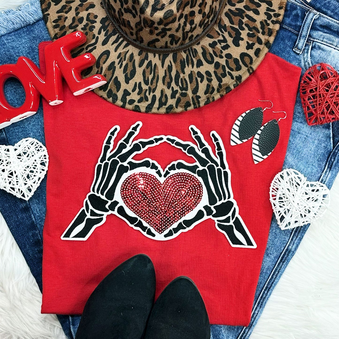 Skeleton Hands + Heart Embroidered Sequin Patch crewneck sweatshirt - FamFancy Boutique