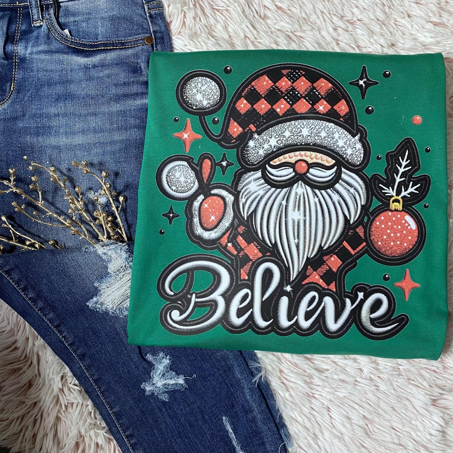 Believe Faux Embroidery Santa