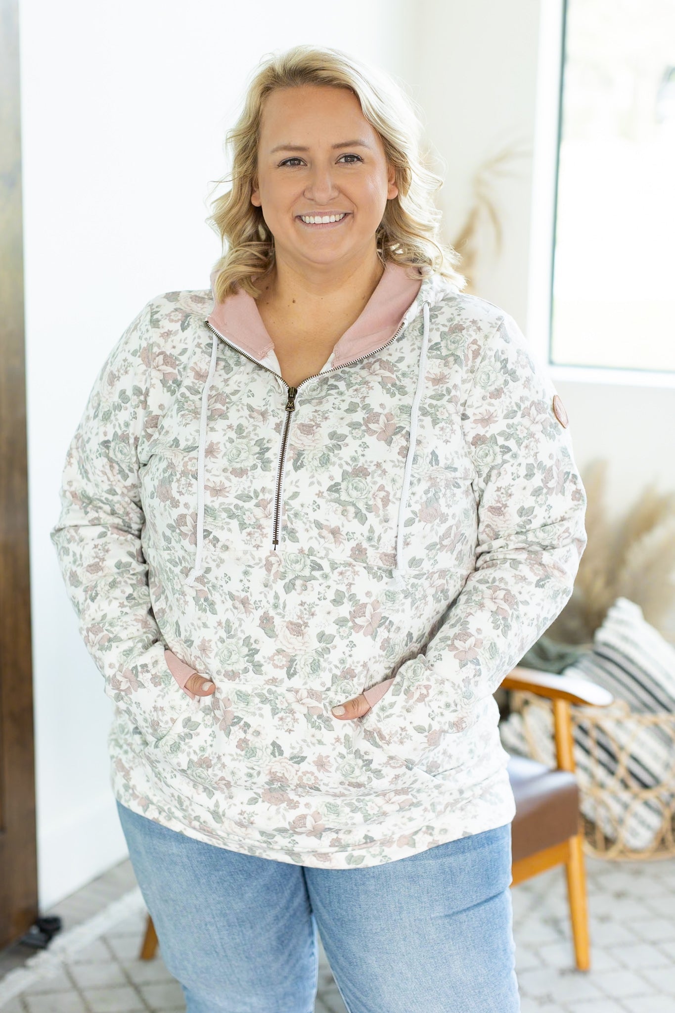 IN STOCK Classic Halfzip Hoodie - Floral with Blush Accent
