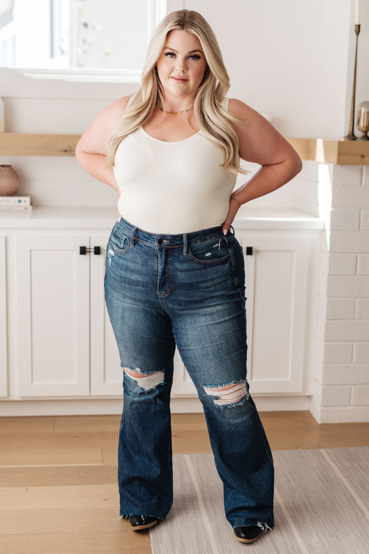 Cassandra High Rise Control Top Distressed Flare Jeans - FamFancy Boutique