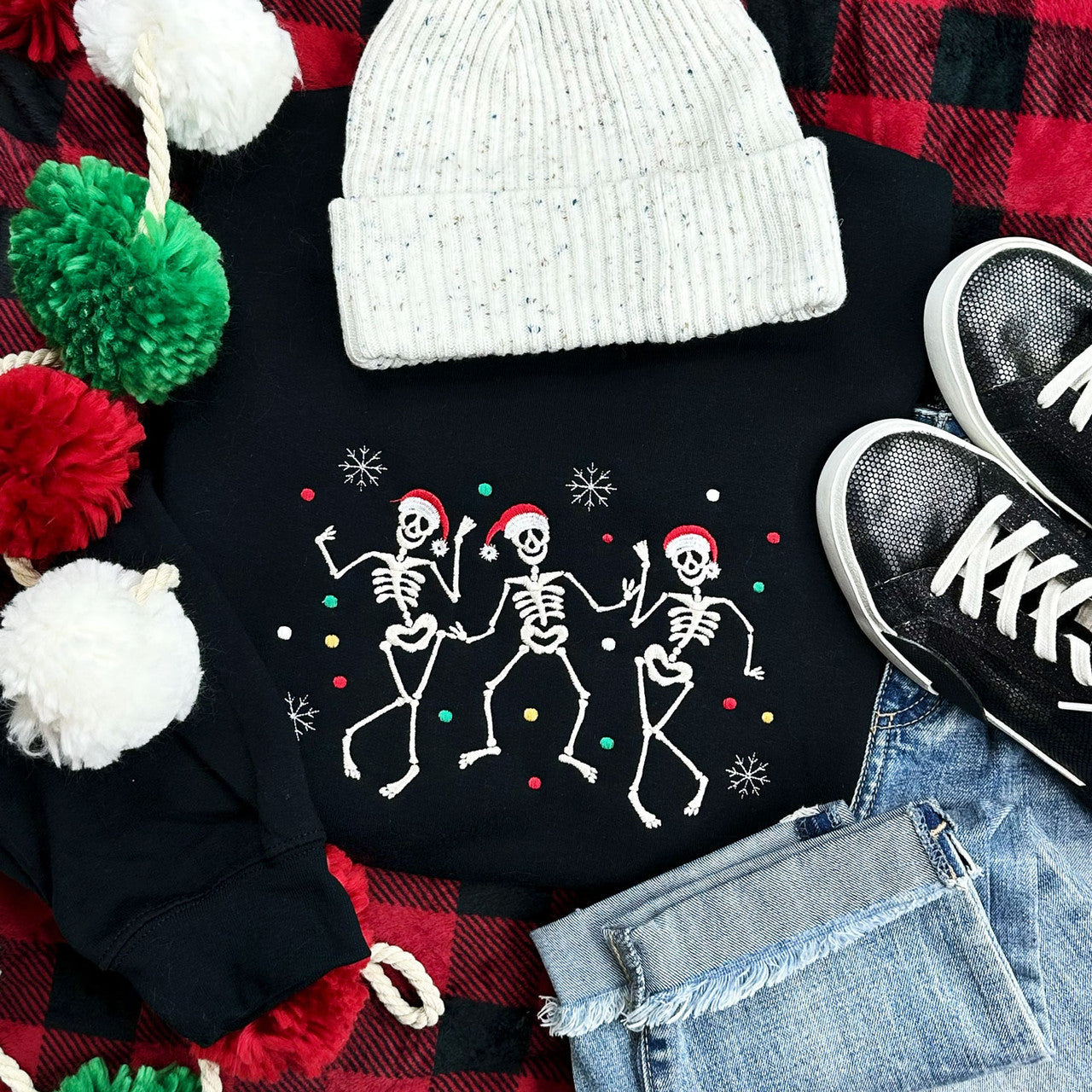 Christmas Skeletons Embroidered Crewneck Sweatshirt