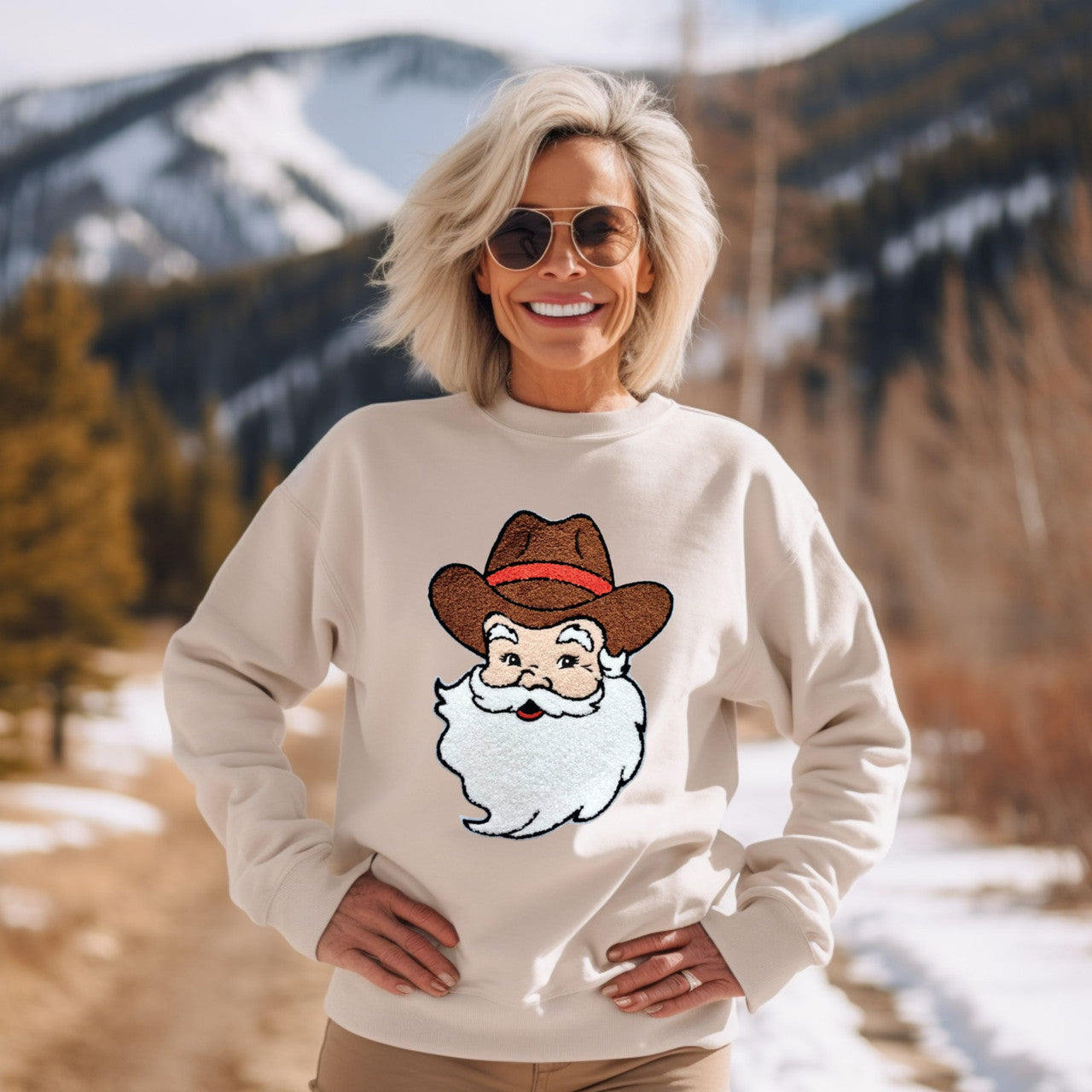 Cowboy Santa Chenille Patch Crewneck Sweatshirt