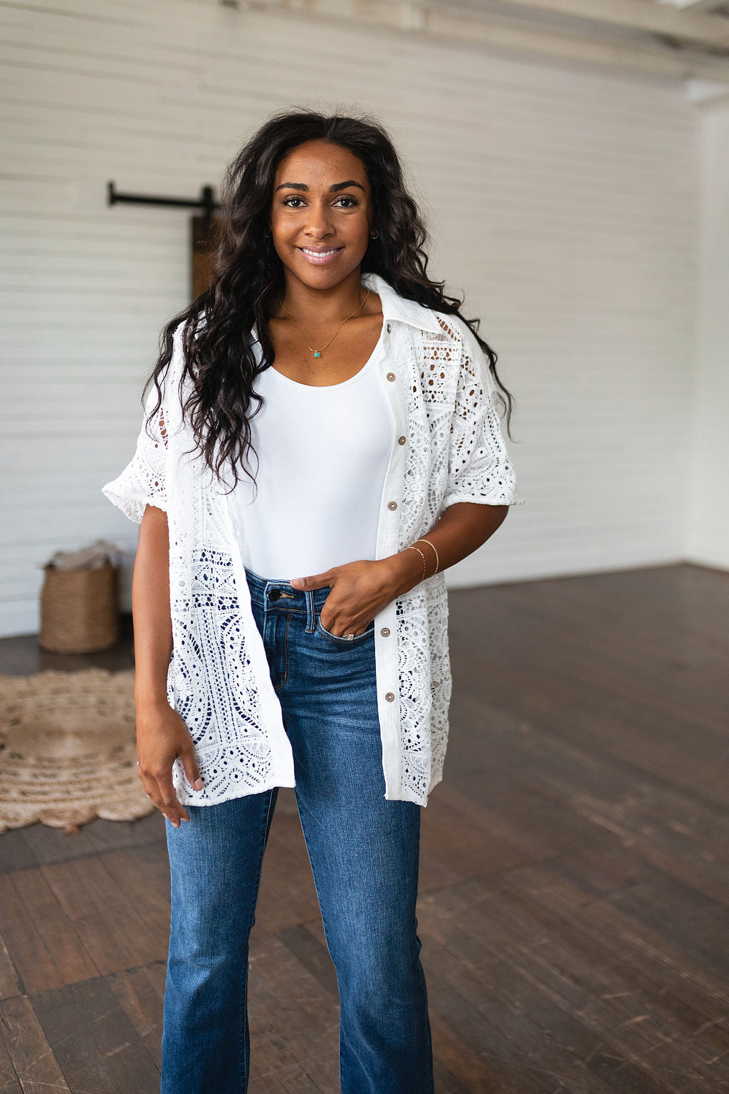Head in the Clouds Lace Button Down - FamFancy Boutique