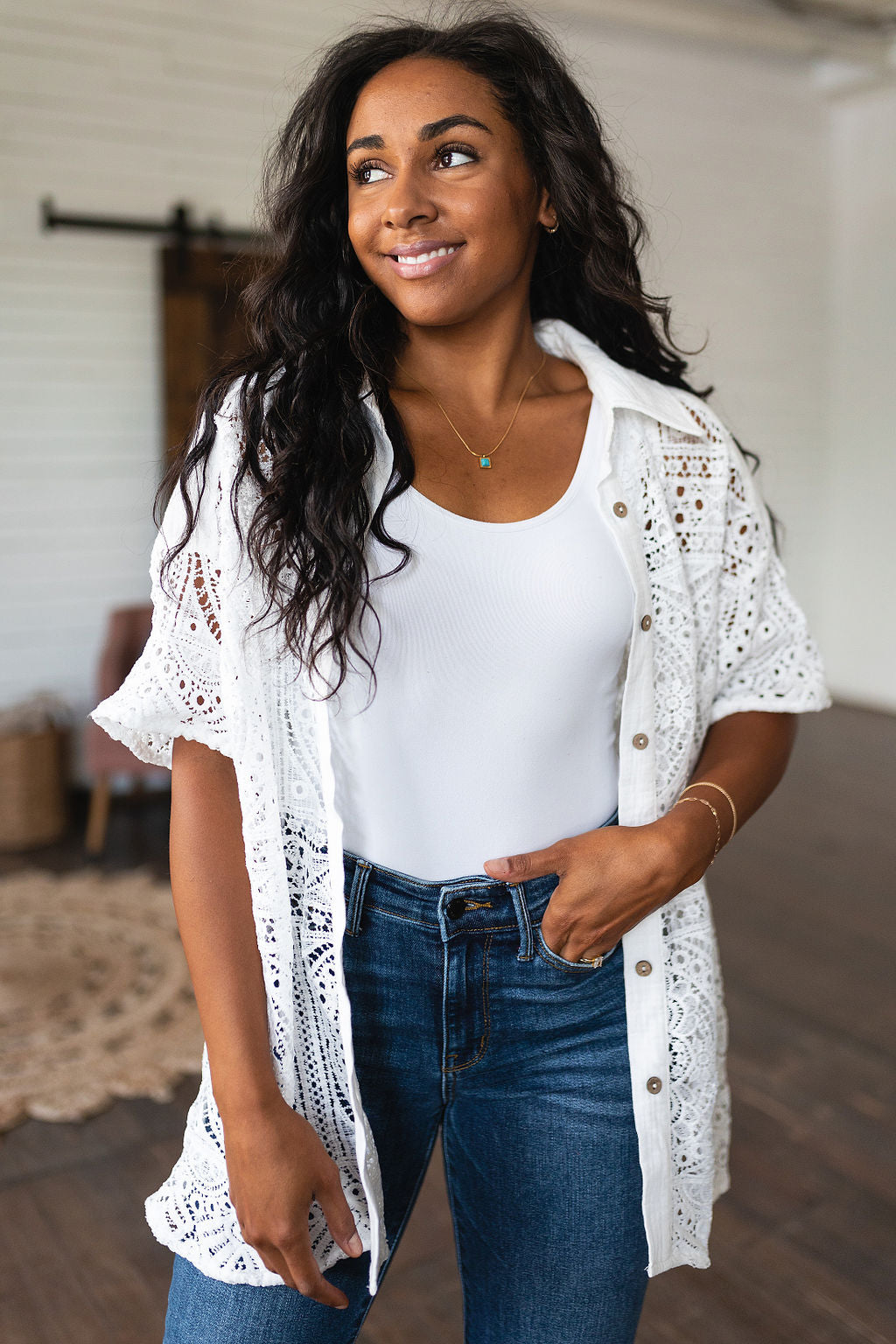 Head in the Clouds Lace Button Down - FamFancy Boutique