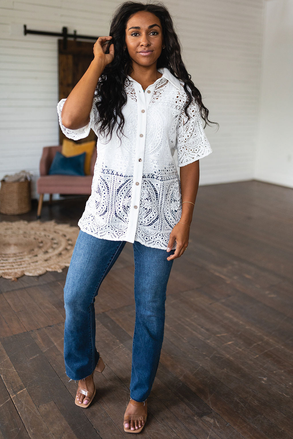 Head in the Clouds Lace Button Down - FamFancy Boutique