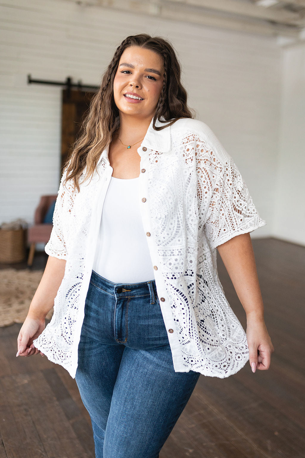 Head in the Clouds Lace Button Down - FamFancy Boutique