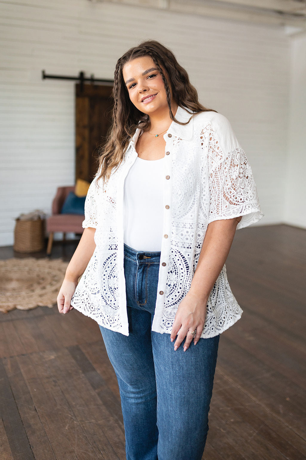 Head in the Clouds Lace Button Down - FamFancy Boutique