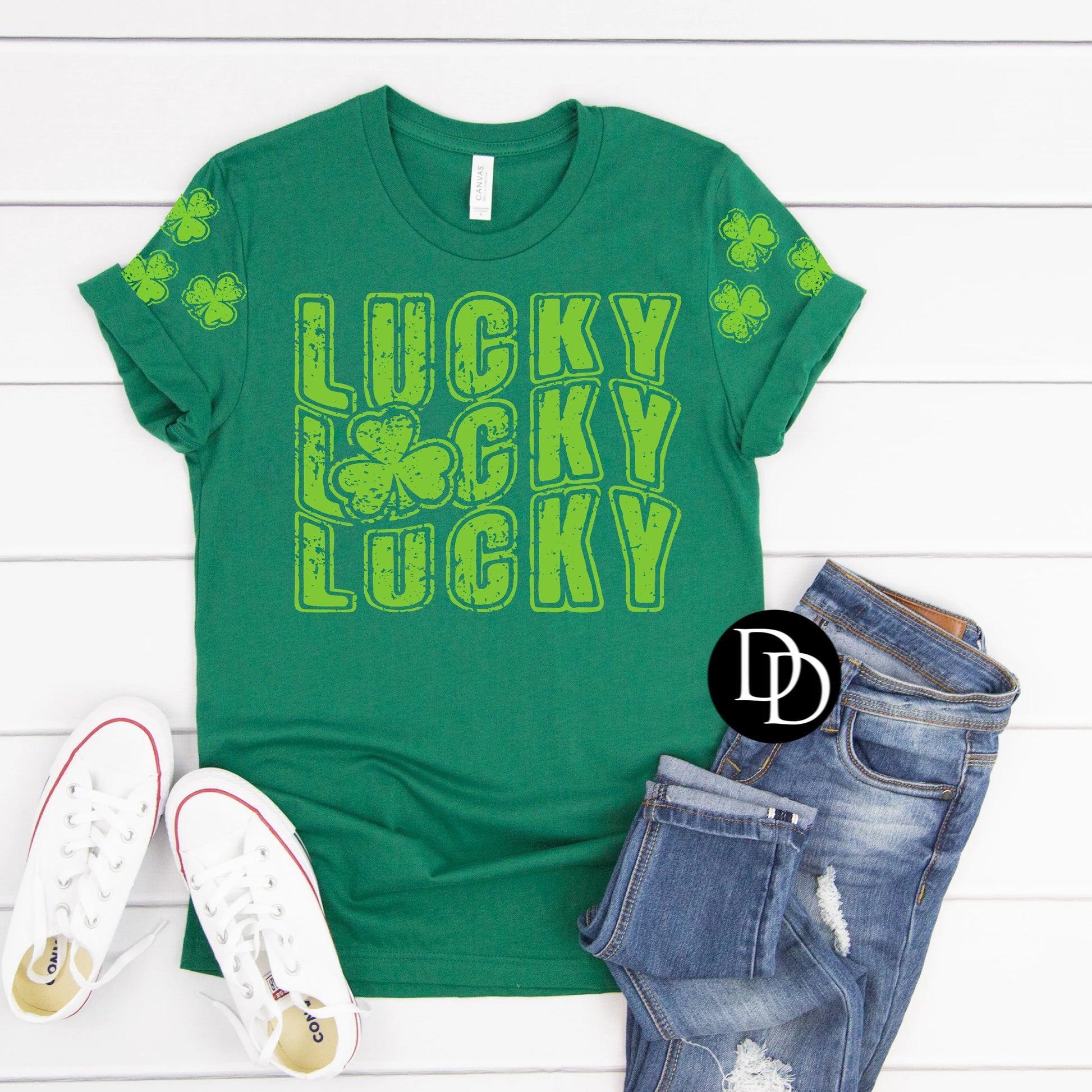 Lucky Stacked With Sleeve Accents (Bright Green Ink) - FamFancy Boutique