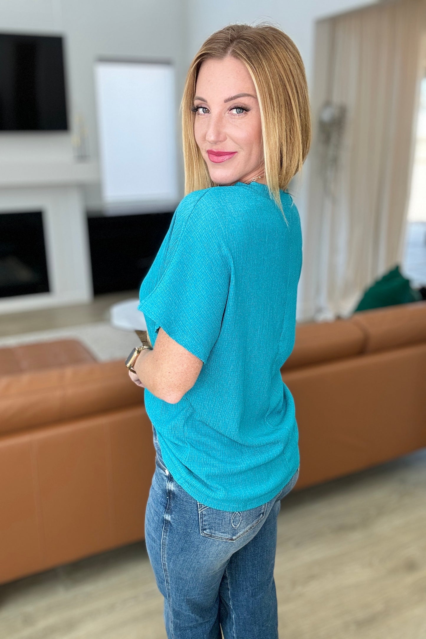 Trial and Error Textured V-Neck Blouse in Teal - FamFancy Boutique