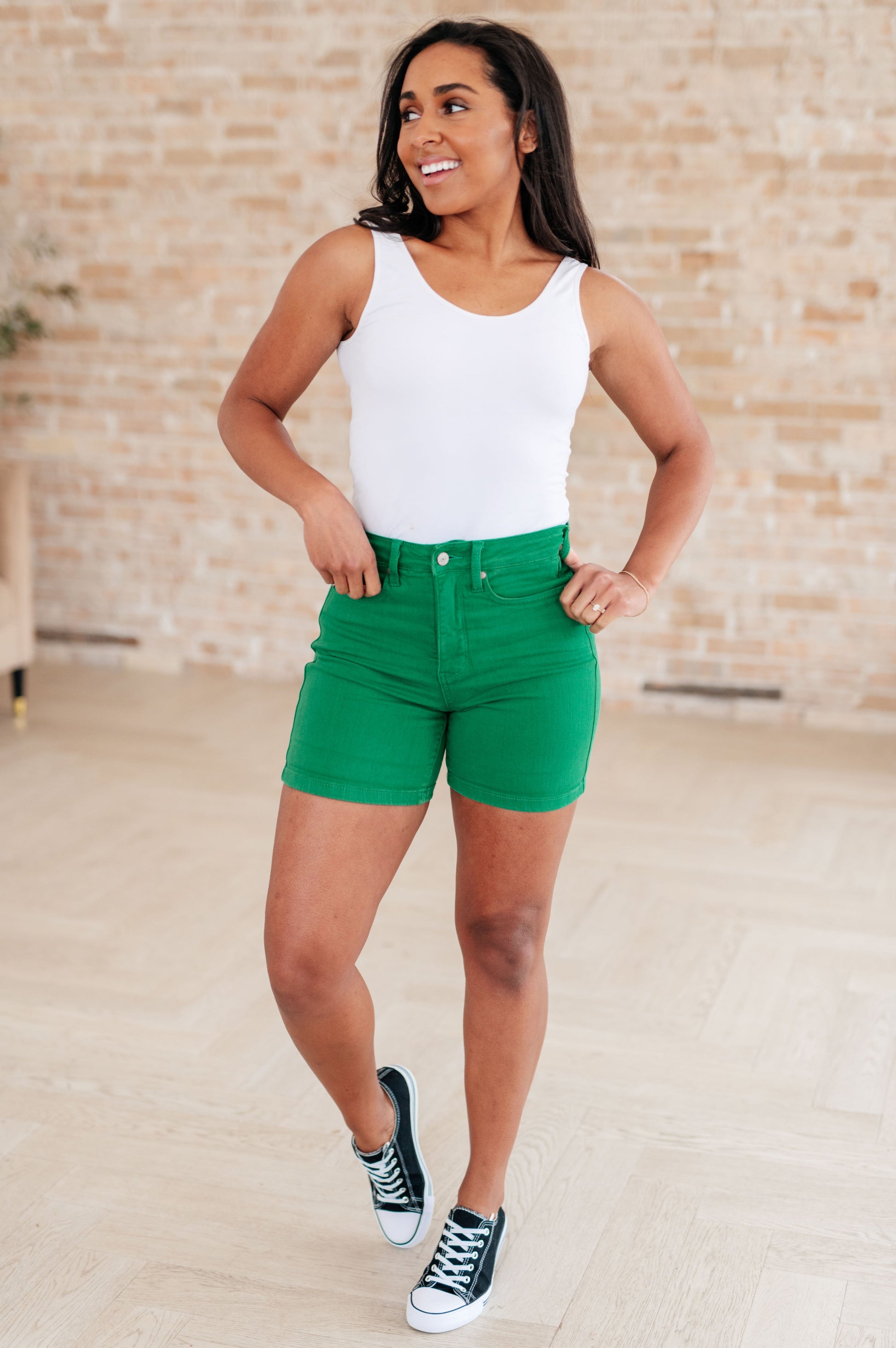 Jenna High Rise Control Top Cuffed Shorts in Green - FamFancy Boutique
