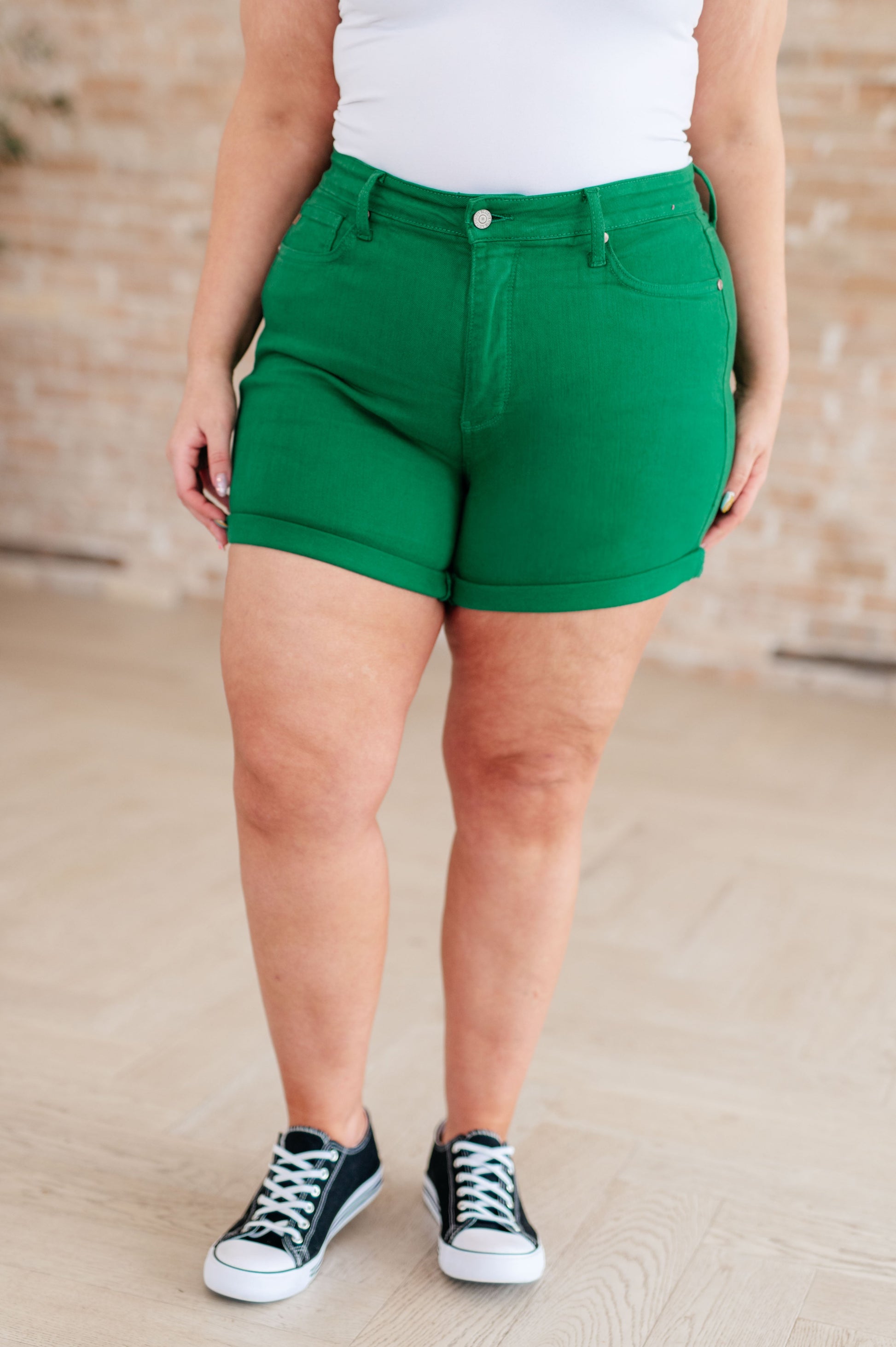 Jenna High Rise Control Top Cuffed Shorts in Green - FamFancy Boutique