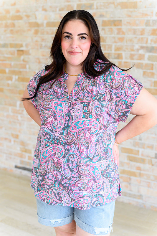 Lizzy Cap Sleeve Top in Charcoal and Pink Paisley - FamFancy Boutique