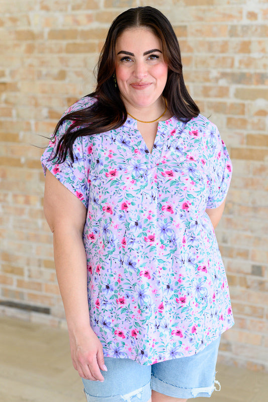 Lizzy Cap Sleeve Top in Muted Lavender and Pink Floral - FamFancy Boutique