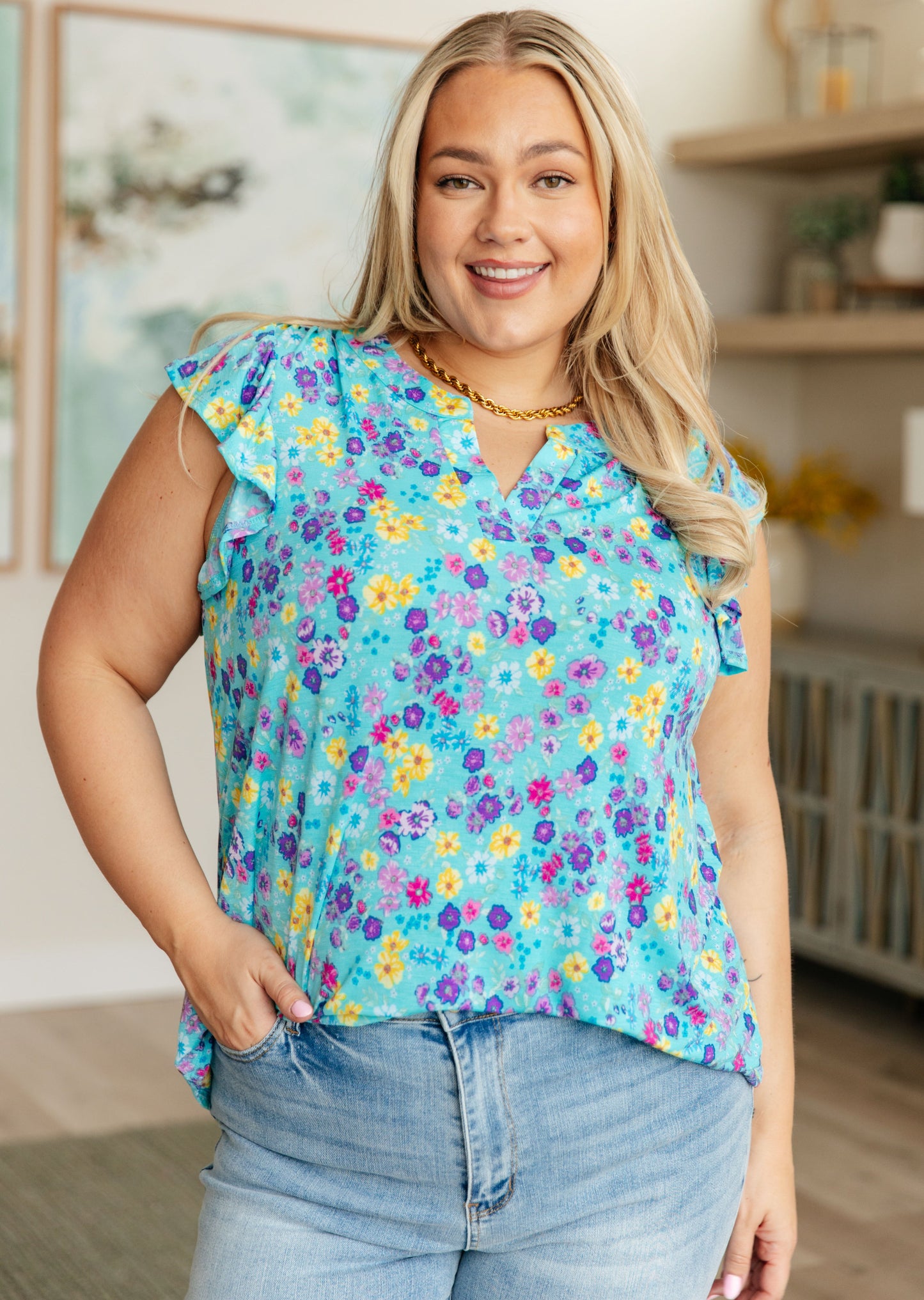 Lizzy Flutter Sleeve Top in Teal and Purple Floral - FamFancy Boutique