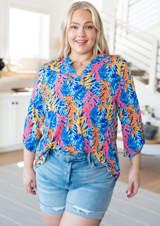 Lizzy Top in Blue and Pink Branches - FamFancy Boutique